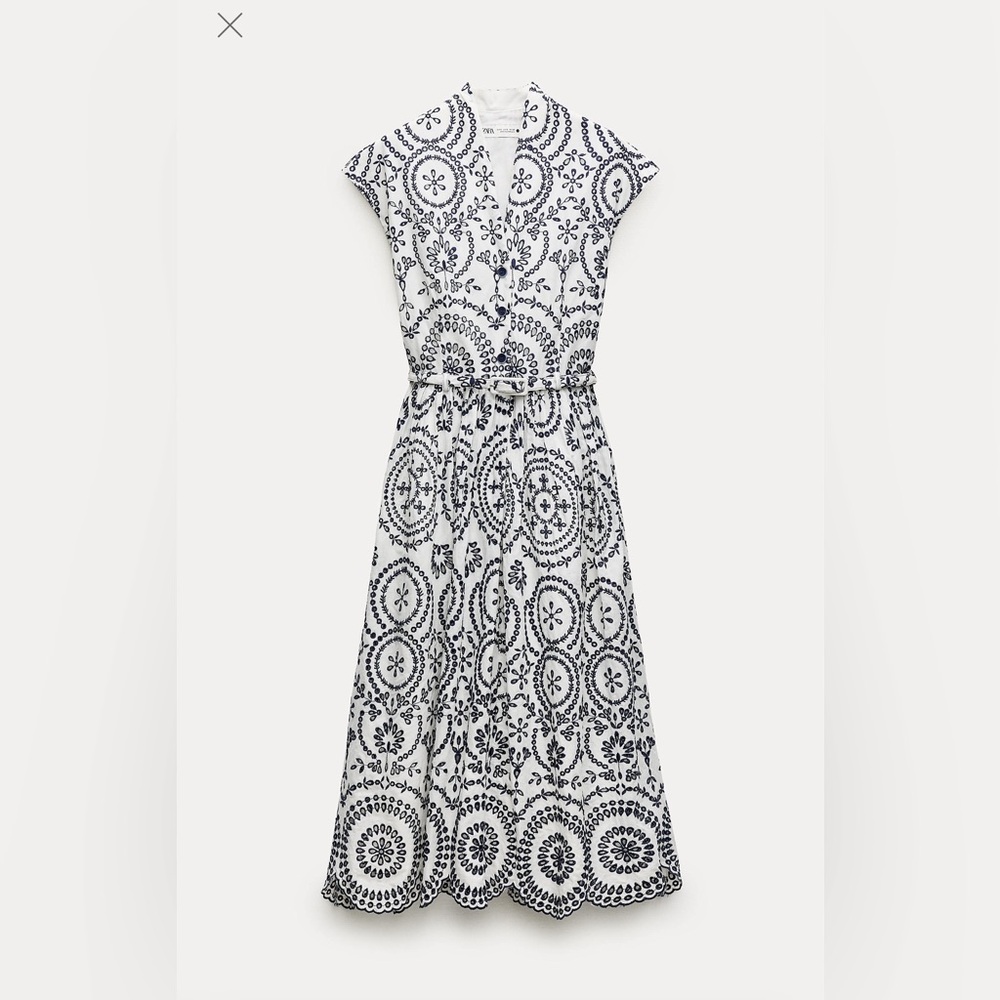 Zara White and Black Embroidered Midi Dress FIRM PRICE